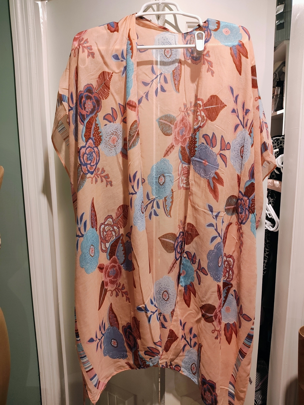 SHEIN Peach Floral Open-Front Kimono with Blue Accents